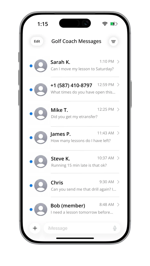 Phone showing a golf coach's messages inbox filled with unanswered student questions about scheduling, package balances, and payments
